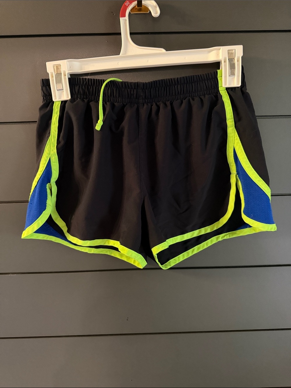 Under Armour Black Athletic Shorts with Neon Lime Trim and Blue Mesh